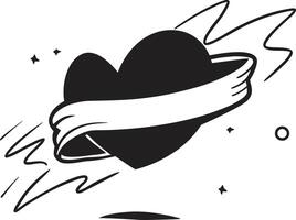 A stylized black heart with a flowing ribbon and scattered stars, illustrating love and creativity in a dynamic design vector