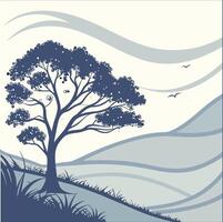 A serene landscape featuring a lone tree on a grassy hill with rolling hills in the background under a pastel sky during a calm afternoon vector