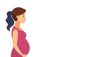 A pregnant woman in profile stands calmly against a plain white background, showcasing her baby bump while wearing a simple pink dress, creating a serene and peaceful atmosphere vector