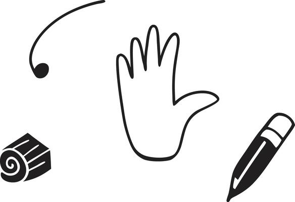 Creative design elements featuring a hand gesture, pencil, and textured objects on a clean background for art and illustration projects