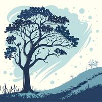A serene landscape featuring a tall tree on a hillside with gentle waves in the background, showcasing nature's beauty in a tranquil setting vector