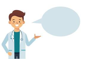 A friendly doctor in a lab coat gestures while discussing health tips, set in a bright and welcoming clinic environment during the day vector