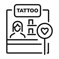 A linear icon of a tattoo booth with a person inside and a heart sign vector