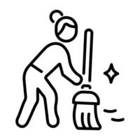 A linear icon of a person cleaning floor with a broom vector
