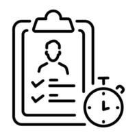 A linear icon of a clipboard with a checklist and a stopwatch, symbolizing a waiting list vector