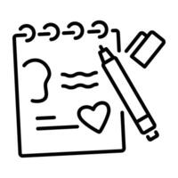 A linear icon of a tattoo sketching book with pencil vector