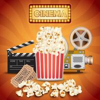 Realistic popcorn on orange background, popcorn concept in cinema and entertainment in cinema. 3D popcorn for Poster design, advertisement, web banner, billboard and etc. vector