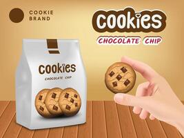 Realistic design packaging template for chocolate chip cookies snack on yellow background. Hand holding cookie. 3D cookies package for advertisement, web banner and etc. illustration EPS 10. vector