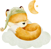 Watercolor fox sleeping on cloud and wearing green sleeping cap png