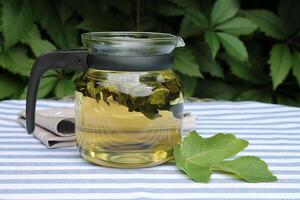 Fig leaf tea in teapot on striped tablecloth in garden close-up. photo