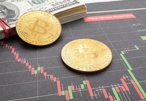 Gold ethereum cryptocurrency coin on stock market line graph trading chart. Top view. photo