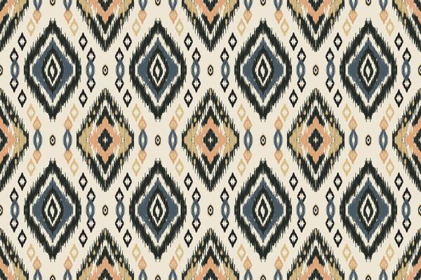 Ethnic Ikat pattern on a beige background with traditional oriental embroidery. Geometric Aztec inspired diamond shapes. Perfect for fabrics, wallpapers and textile designs.