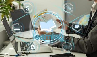 E-Learning Concept. Businessman Holding Holographic World Globe And Text Over Black Background. Collage, Cropped photo