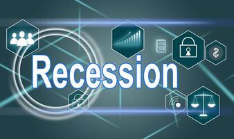 virtual touch screen of future and sees word. recession. Currency Depreciation Concept. Financial crisis, recession and depression. photo