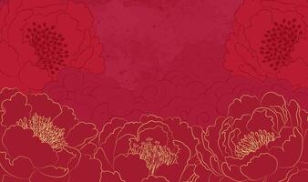Hand painted Chinese style banner with golden linear peonies and linear clouds vector