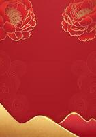 Chinese style banner with red peonies blooming on a red background vector