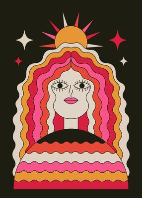 Retro Psychedelic Sun Goddess with Vibrant Waves