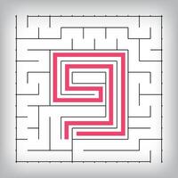 Square form linear number 9 maze puzzle. Tutorial confusing game activity. vector