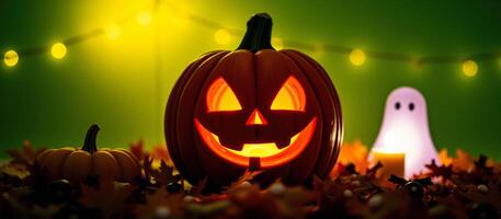 Jack-o'-lantern Glowing in the Dark with Fall Leaves and String Lights photo