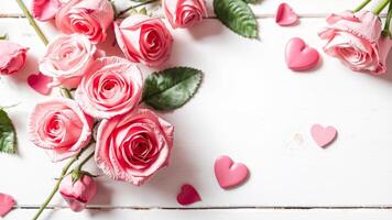 Pink Roses and Hearts on White Wooden Background photo