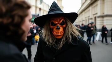 Mysterious Figure in a Skull Mask on a Busy Street photo