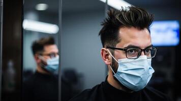 Man in a face mask stands in front of a mirror photo
