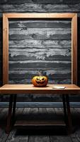 Scary Pumpkin on Wooden Table with Empty Frame photo
