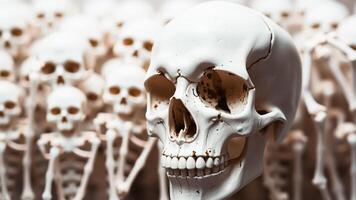 Close up of a human skull with multiple skulls in the background photo