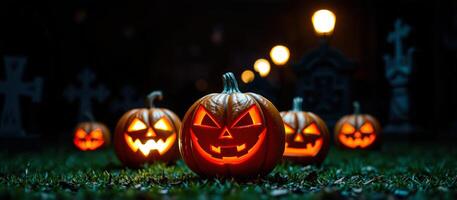 escalofriante Jack-o'-lanterns en Víspera de Todos los Santos noche foto
