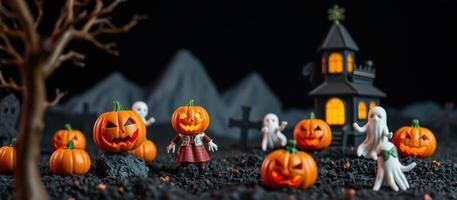 Halloween Pumpkin Characters on a Spooky Black Background photo