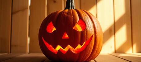 Closeup Of Carved Jack-O-Lantern With Light Shining Through photo