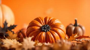 Close-up of a pumpkin with fall leaves photo