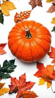 Pumpkin and Autumn Leaves on White Background photo