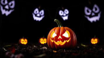escalofriante Jack-o-lantern en un oscuro bosque foto