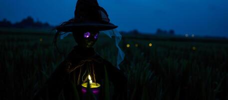 glowing-eyed figure with a lit candle stands a grassy field photo