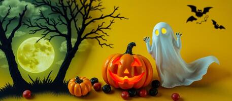 glowing jack-o'-lantern ghostly figure create a whimsical halloween scene photo