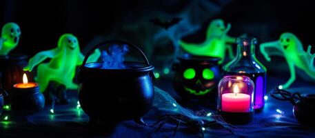 spooky halloween scene with a steaming cauldron glowing ghosts photo