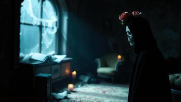 figure a black robe with a skull mask pink roses stands a dimly lit room photo