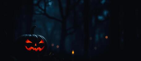 luminoso Jack-o'-lantern un oscuro bosque foto
