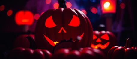 glowing red pumpkins create a spooky atmosphere photo