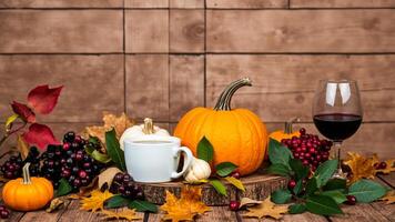 rustic autumnal still life with pumpkins wine a mug photo