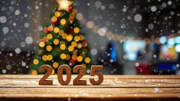 wooden numbers 2025 on a rustic table with a blurry christmas tree the background photo