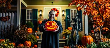 man smiling with jack-o-lantern front fall-decorated house photo