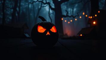 brillante Jack-o'-lantern un brumoso bosque foto