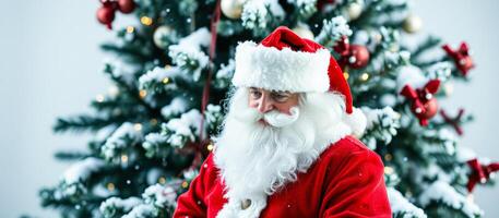 man dressed red stands before a snowy christmas tree photo