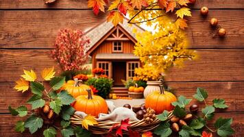 rustic fall still life with pumpkins leaves photo