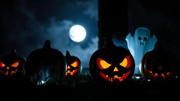lit jack-o'-lanterns create a spooky halloween scene photo
