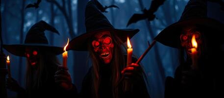 three figures stand a dark forest lit by flickering candlelight photo