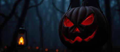 brillante Jack-o'-lantern cuelga un oscuro bosque foto