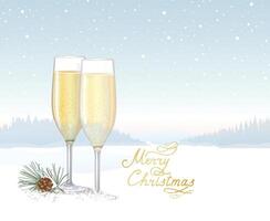 Christmas winter nature background with two glasses of champagne, greeting Merry Chrismas and conifeerous branch with cone in snow vector